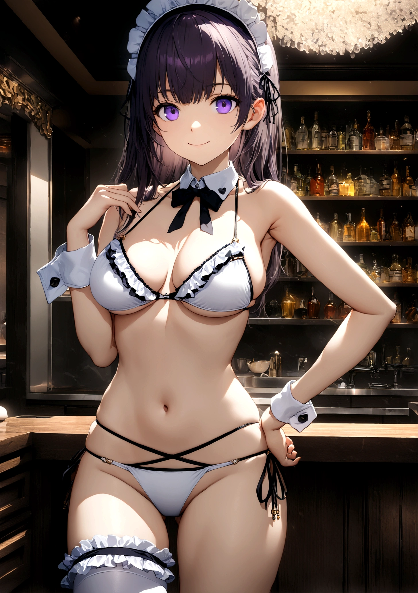 ((32k)), ((best quality)), ((ultra high res)), ((HDR)), ((UHD)), ((extremely detailed CG)), ((unity 32k wallpaper)), (((18 years old))), 1 girl, closed mouth, standing, purple eyes, swimsuit, bikini, thighs, cowboy shot, frills, indoors, hand up, stomach, white thighhighs, hand on hip, wrist cuffs, maid, maid headdress, bare arms, skindentation, detached collar, side-tie bikini bottom, white bikini, single thighhigh, string bikini, frilled bikini, bridal garter, maid bikini, smile, large breasts, 