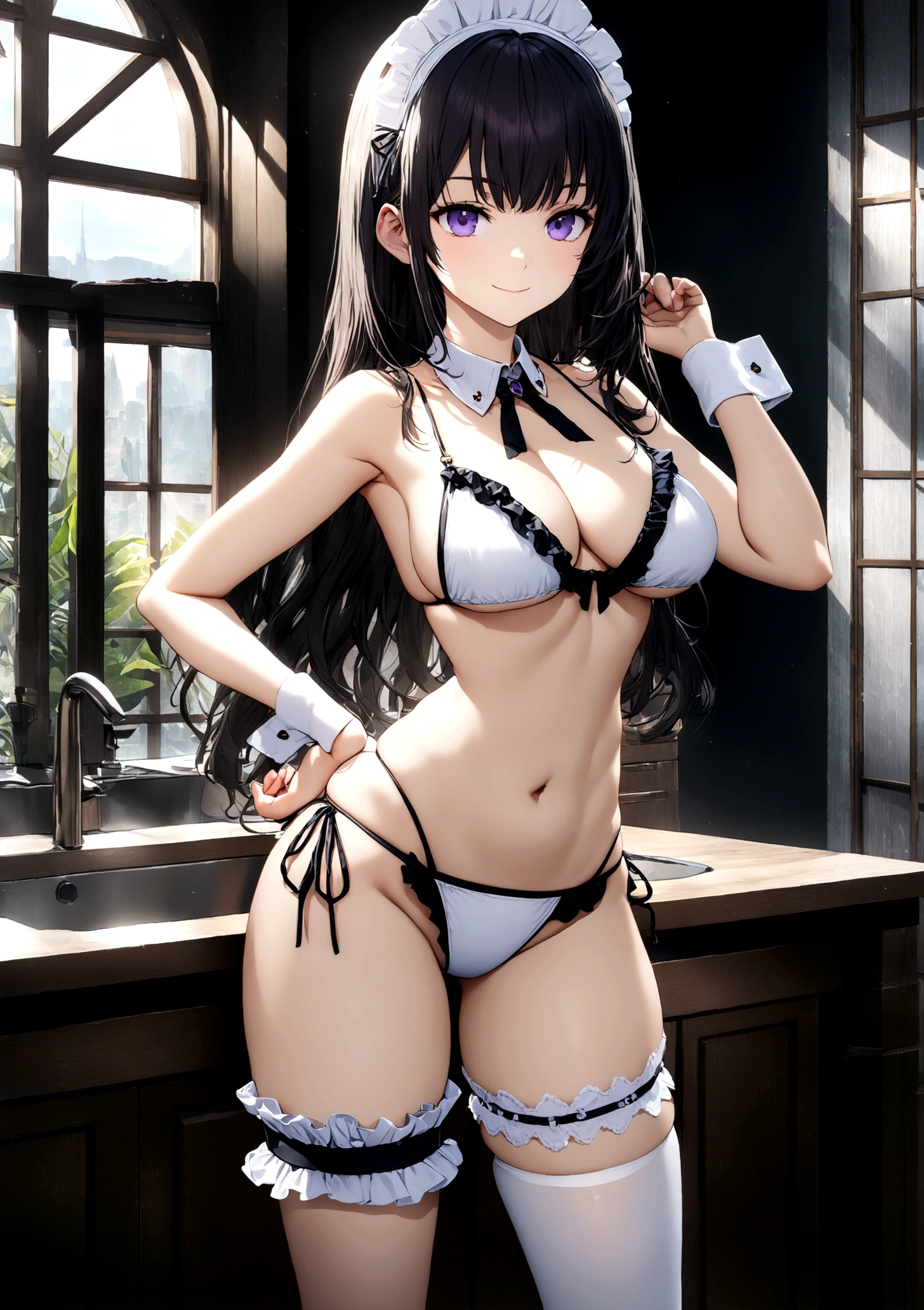 ((32k)), ((best quality)), ((ultra high res)), ((HDR)), ((UHD)), ((extremely detailed CG)), ((unity 32k wallpaper)), (((18 years old))), 1 girl, closed mouth, standing, purple eyes, swimsuit, bikini, thighs, cowboy shot, frills, indoors, hand up, stomach, white thighhighs, hand on hip, wrist cuffs, maid, maid headdress, bare arms, skindentation, detached collar, side-tie bikini bottom, white bikini, single thighhigh, string bikini, frilled bikini, bridal garter, maid bikini, smile, large breasts,