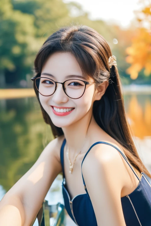 Highest quality、masterpiece、High sensitivity、High resolution、Detailed Description、Slender women、Slim Body、Glasses、Sit on a boat on the pond in the park、smile、face to face at close range、