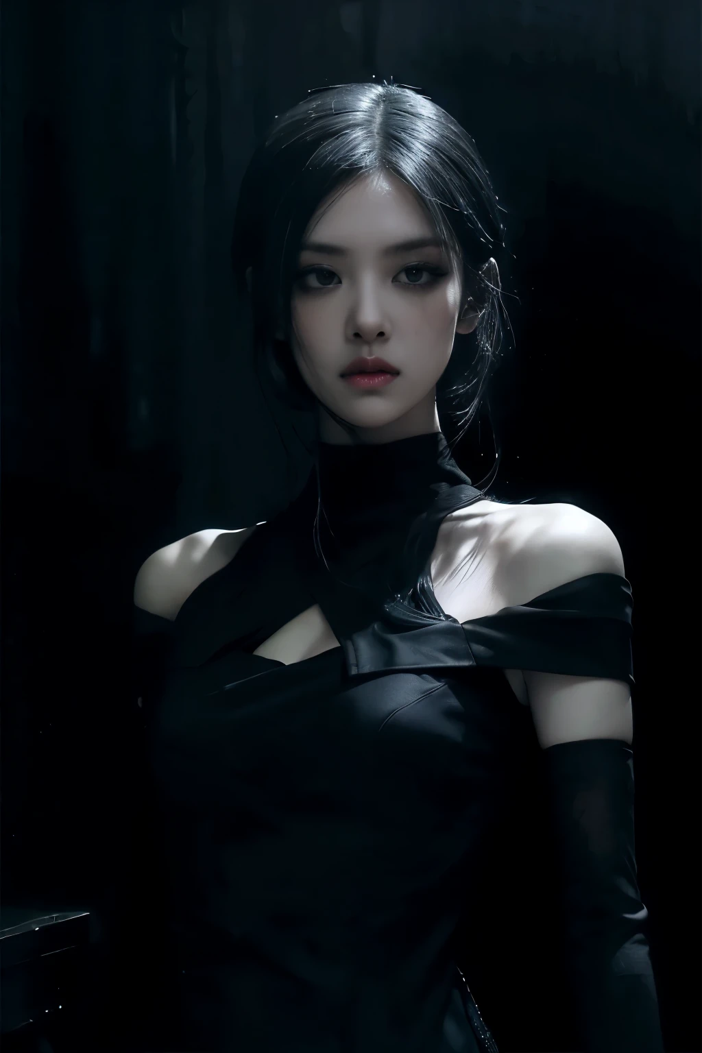 (best quality, highres:1.2), realistic, black dress, black hair, dark theme, black background, dark ninja, intense gaze, elegant posture, flowing dress, detailed facial features, long eyelashes, contrast, fine details, dramatic atmosphere, gothic style, intense emotions, monochrome color palette, captivating setting, haunting beauty, artistic photography, everything is black