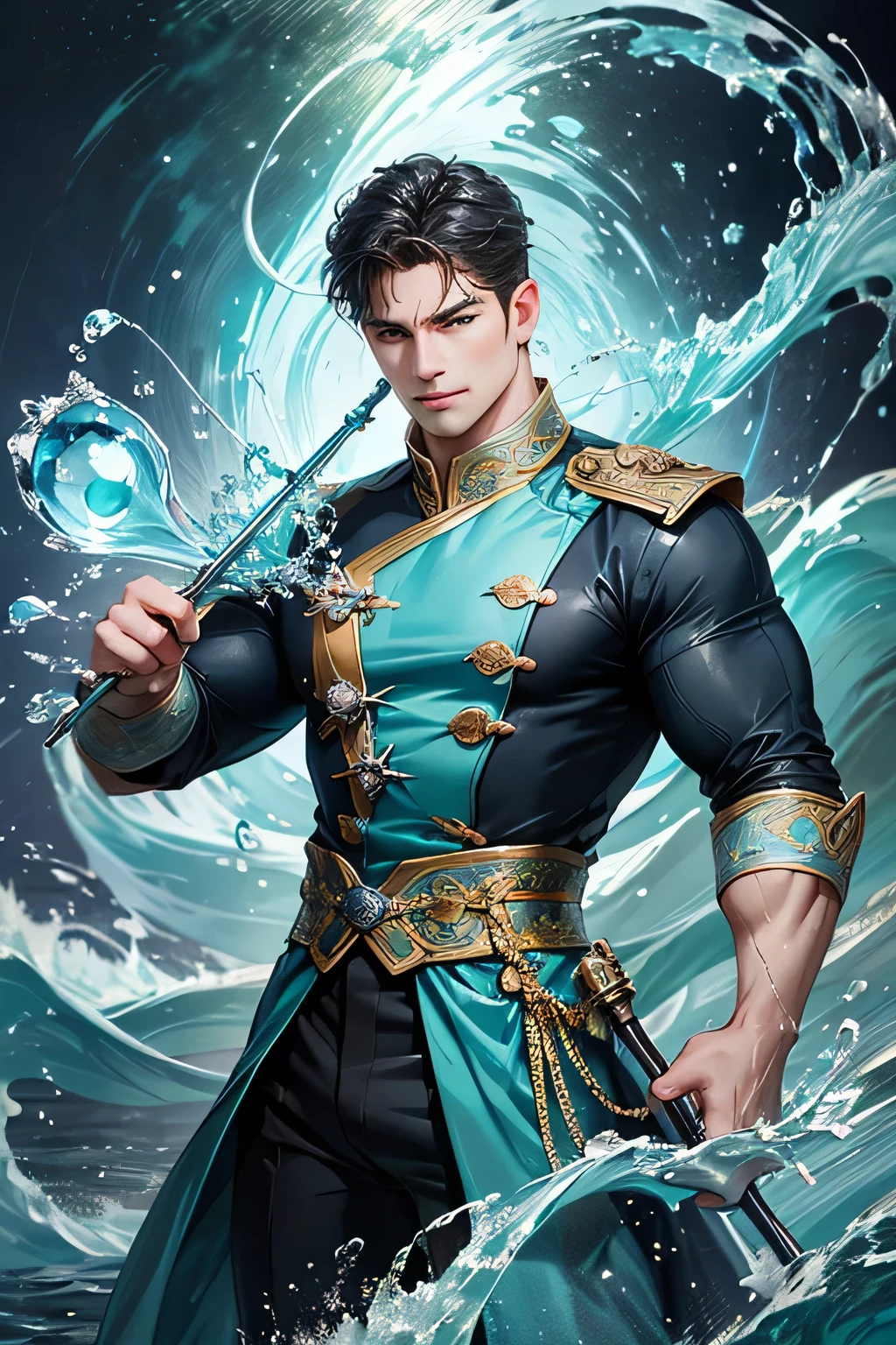 "Create an ultra-realistic image of a handsome 42-year-old man holding an aqua magical staff that emanates the powerful essence of water. Depict him surrounded by flowing currents, cascading waves, and shimmering droplets to highlight his command over the element of aqua. He should have an aqua sign marked on his body, signifying his role as the keeper of aqua and showcasing the dynamic, fluid energy of water he possesses within him."
