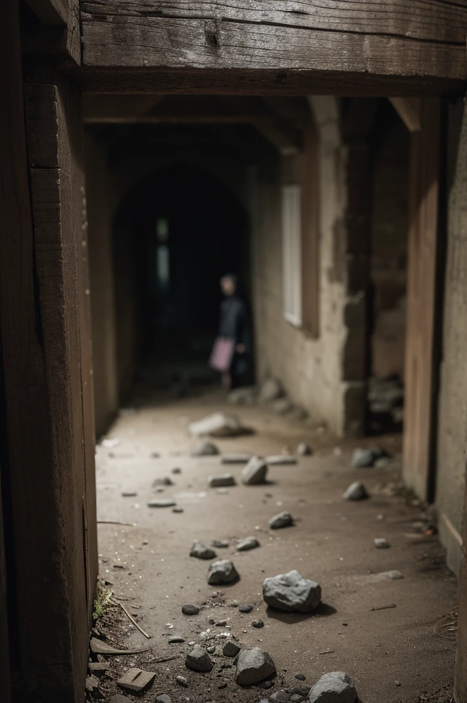 dark atmospheric horror, middle aged witch in a cave from far, (RAW photo, real, best quality, masterpiece:1.2), detailed, (hyper realistic, photo-realistic:1.2), high quality, (dark lighting:1.2), perfect lighting