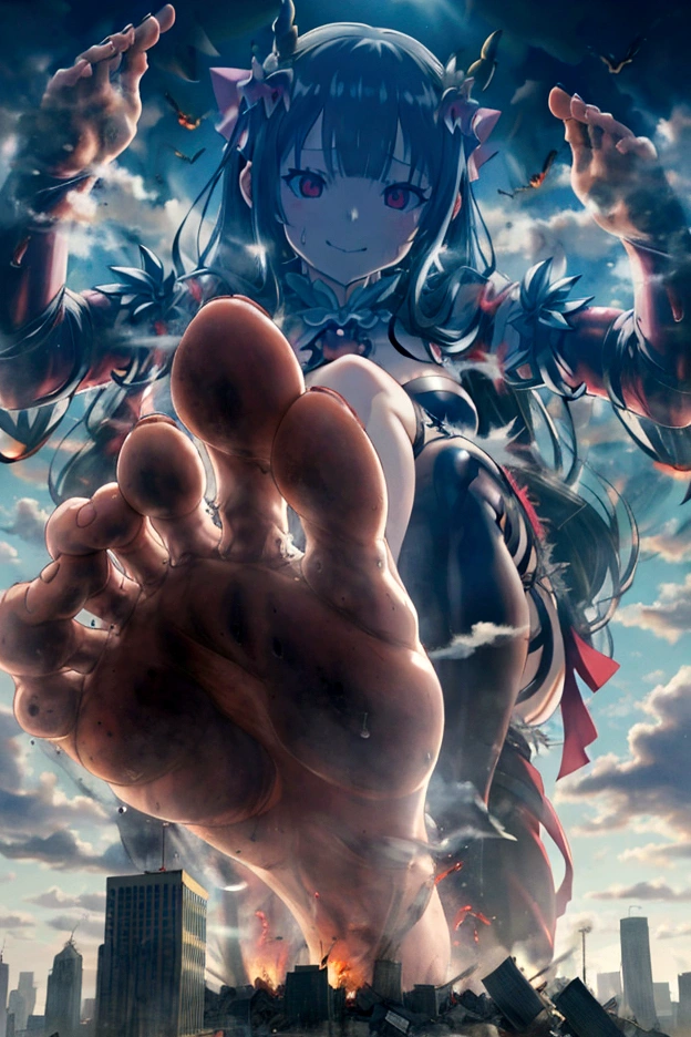 giant feet smash the city、two legs、put feet in the air、better feet,dirty feet,sole、human feet,five toes,attack of titaness、full body、high quality、great picture、Lol、bad face、Rem、Re:Zero、hell girl、huge demolition、giant demon、giant devil girl、scary powerful giant girl、huge impact、destroyed city and giantess、small buildings、city destroyed by giantess、small buildings on the ground、hardly destroyed buildings、cracking buildings、devil costume、row angle、Sitting Giant Girl、Make women bigger、Anime Style、Real Anime、Anime characters、scary smile、creepy face、白いSigh、Heat、Excited woman、scary smile、Sweat、Sweatが流れる、Sigh、Dark atmosphere、dark sky、Destroyed urban area、rubble、Anatomically correct、Accurate body、many people in panic