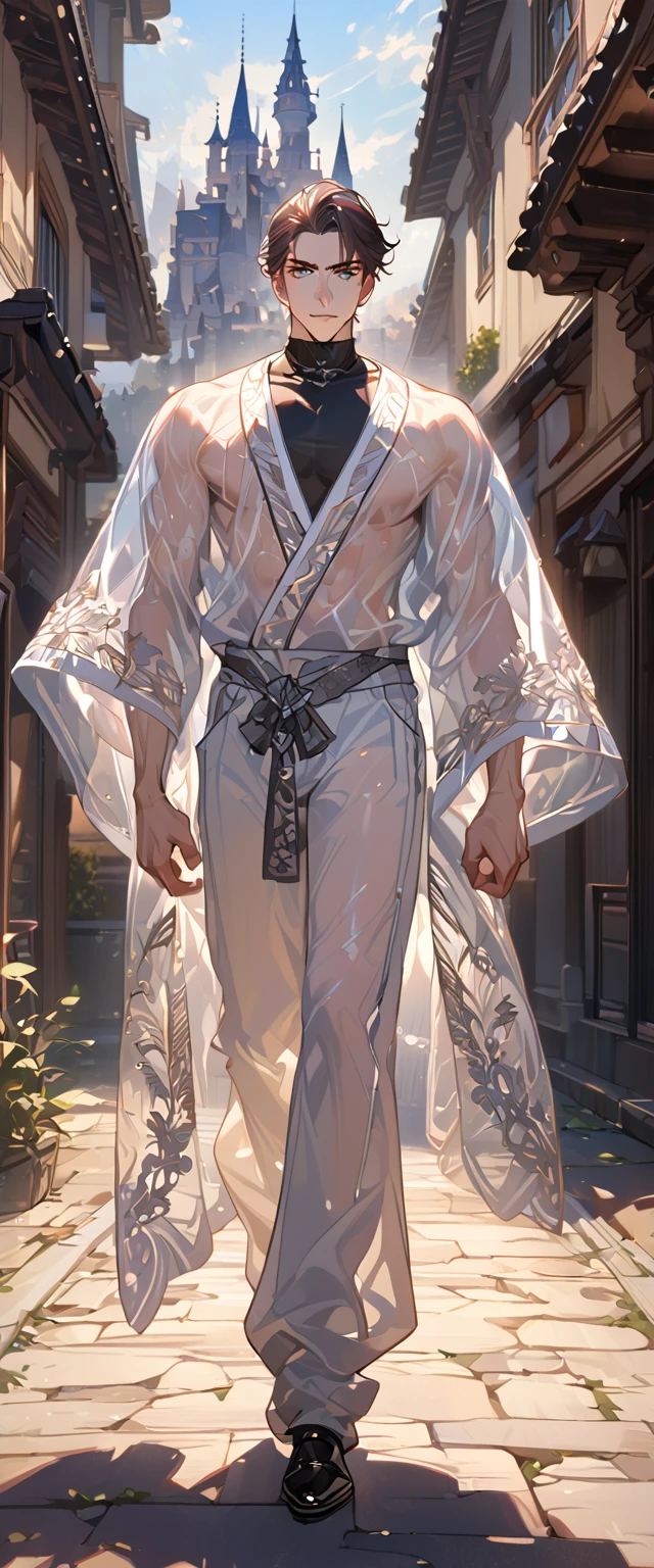 masterpiece, best quality, 8k ,4k ,solo, male, short dark blue reddish hair, black sleeveless turtle neck shirt, transparent robe hanging by the shoulder, transparent embroidery robes, white jogger pants, Walking, Manly pose, muscle arms, Armband, bangs, blue reddish eyes, pale skin, sharp look, Sharp eyes, Morning walk, Castle Hall Background, high quality, extremely detailed, finely detailed eyes and detailed face, slender body, inspired by Asukaziye artist : ask, art style : ask