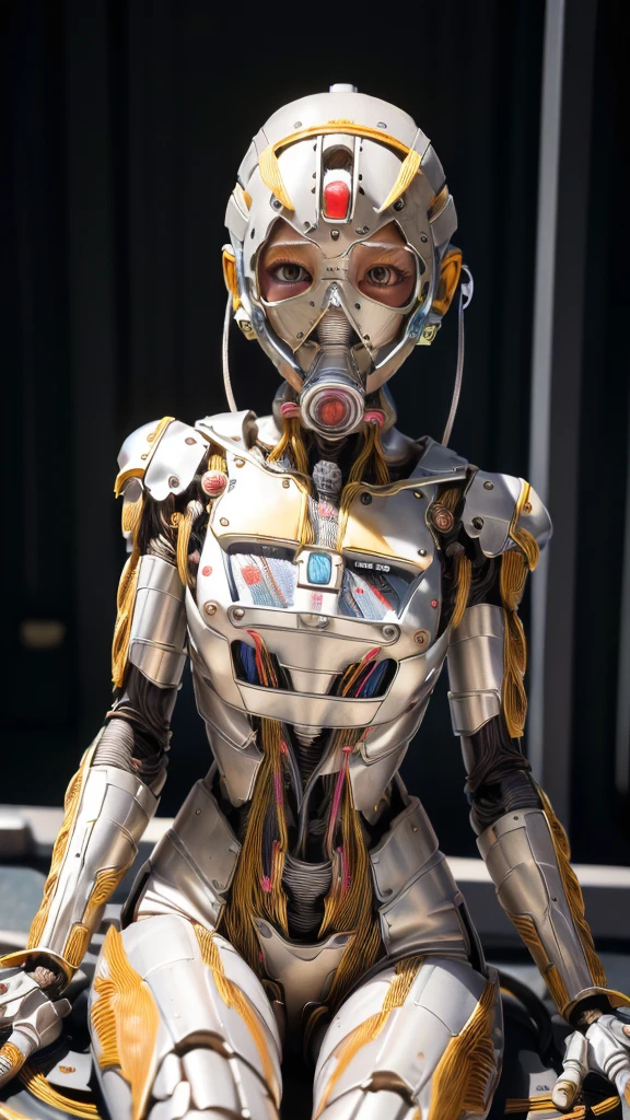 (((masterpiece))), (((Highest quality))), ((Very detailed)), (Highly detailed CG illustrations), ((close your eyes)), ((gas mask)), ((bare hands)) ((Very delicate and beautiful)),(Cute and delicate face),Cinematic Light,((1. Machine Girl)),alone,whole body,(Machine made joints:1.4),((Mechanical Limbs)),(Blood vessels connected to tubes),((Mechanical vertebrae attached to the back)),((Cervical vertebrae mechanically attached to the neck)),((Sitting)),Feeling facial expression,(Wires and cables connecting the head and body:1.5),(Character Focus),SF Black Hair Sweaty face cute