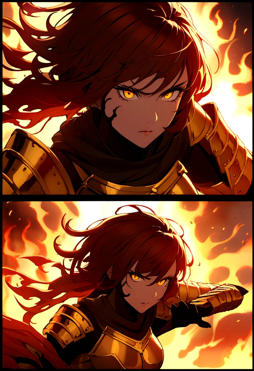 female greek-spartan warriors, highly detailed portrait, comic, intricate armor, fierce expression, battle-ready pose, dramatic lighting, cinematic composition, deep red and gold color palette, volumetric fog, dark fantasy style, in flames, burning