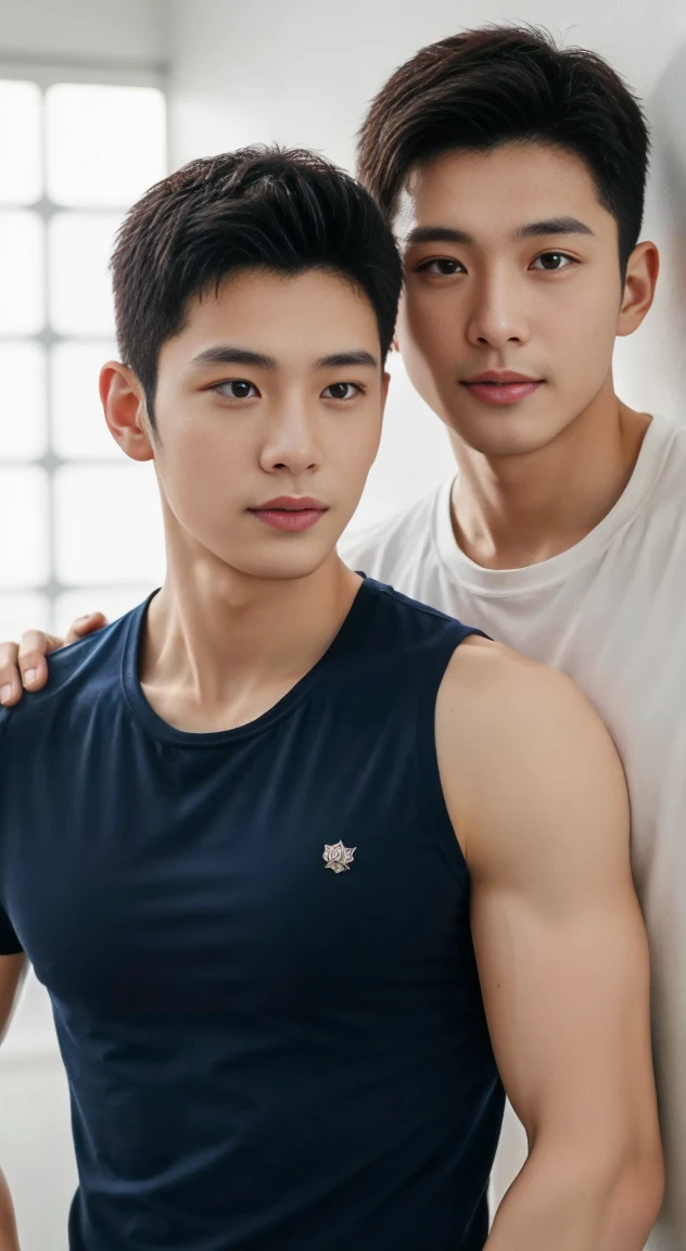 Two Young Korean male models, kissing, six pack, muscle, bangs, a bodybuilder body, topless, white jockstrap, thong, g-string, a cute and sexy face and a middle part looking horny, subway,