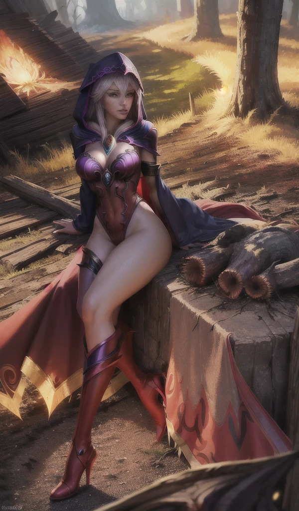 1girl, full body of beautiful ladyvaleera standing, hood on, red leotard, pelvic curtain, pauldrons, high heel boots, forest, tree, particles, dark atmosphere, volumetric lighting, best quality, masterpiece, realistic,