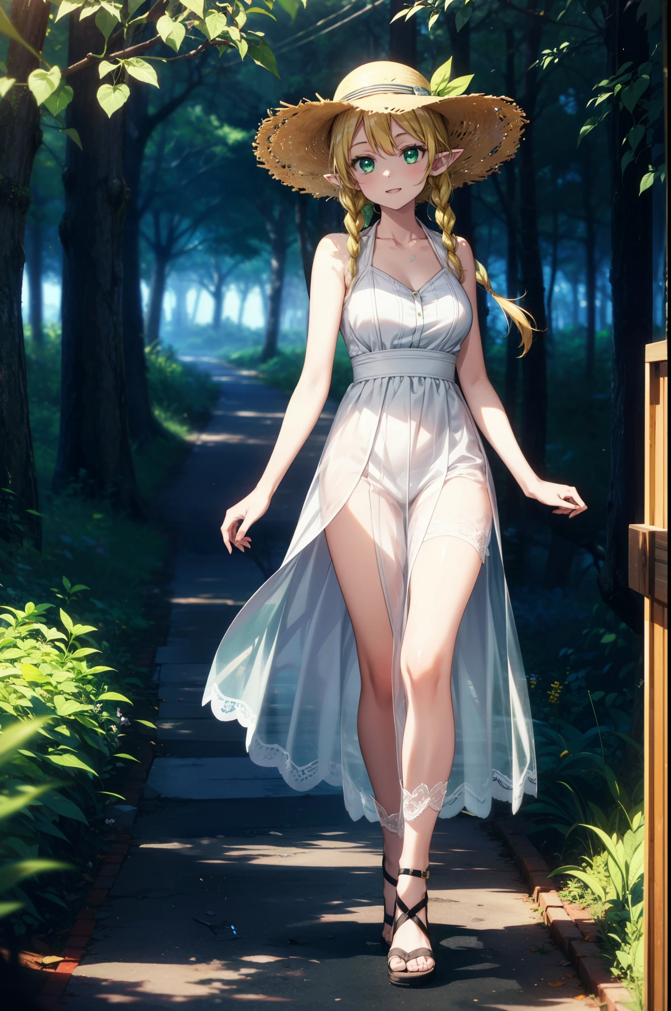 Suguhakirigaya, Suguhakirigaya, Long Hair,Blonde,Green Eyes,Pointy Ears,Short braids,,happy smile, smile, Open your mouth,Big Breasts,White straw hat,White sleeveless dress, bare arms,Green long skirt,Cute Sandals,Walking,Clear skies,whole bodyがイラストに入るように,
break outdoors, nature, forest, 
break looking at viewer, whole body,
break (masterpiece:1.2), Highest quality, High resolution, unity 8k wallpaper, (shape:0.8), (Beautiful attention to detail:1.6), Highly detailed face, Perfect lighting, Extremely detailed CG, (Perfect hands, Perfect Anatomy),