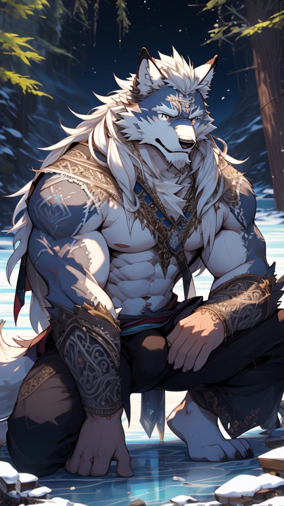(masterpiece),(highres),(intricate details:1.4),extremely detailed,(illustration:1.2),8k,photorealistic,Anime headshot,exquisite,solo,aged,elder male wolf,grey fur,muscular,general,(naked upper body:1.4),(white hair:1.3),long hair,braided hair,long white beard,scar,naked,in the hot spring,relaxed