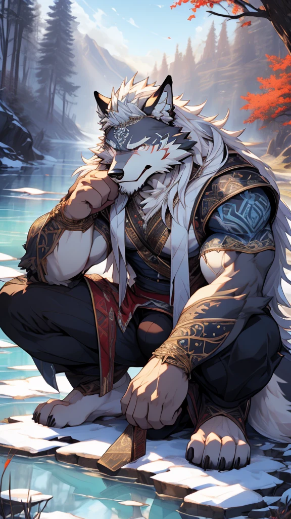 (masterpiece),(highres),(intricate details:1.4),extremely detailed,(illustration:1.2),8k,photorealistic,exquisite,solo,aged,elder male wolf,muscular,swordsman,manhood ,safeguard,(white hair:1.3),long hair,long white beard,scar,badly damaged,hurt,broken body ,the icey frozen lake,bleeding ,suffering,naked body ,crouching bulge,bulging underwear,sexy