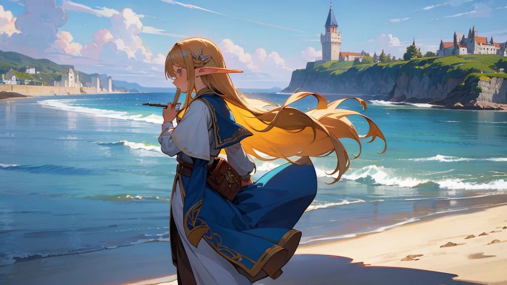 Anime Style,Nostalgic,Detailed background,The medieval world,Seaside,Beautiful sky,Beautiful Elf with a Bard's Smile,guitar,Large Breasts,Healthy thighs