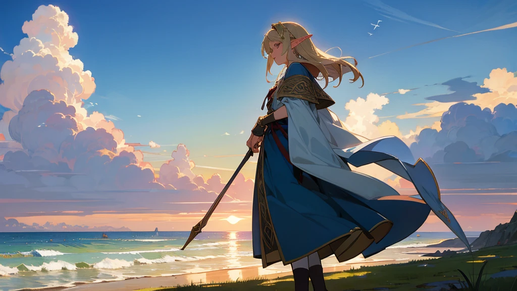 Anime Style,Nostalgic,Detailed background,The medieval world,Seaside,Beautiful sky,Beautiful Elf with a Bard&#39;s Smile,guitar,Large Breasts,Healthy thighs