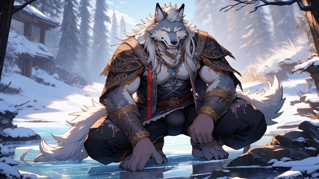(masterpiece),(highres),(intricate details:1.4),extremely detailed,(illustration:1.2),8k,photorealistic,exquisite,solo,aged,elder male wolf,muscular,swordsman,manhood ,safeguard,(white hair:1.3),long hair,long white beard,scar,badly damaged,hurt,broken body ,the icey frozen lake,bleeding ,suffering,naked body ,crouching bulge,bulging underwear,sexy