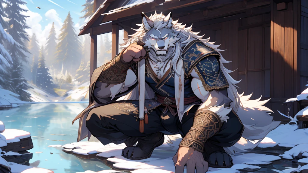 (masterpiece),(highres),(intricate details:1.4),extremely detailed,(illustration:1.2),8k,photorealistic,exquisite,solo,aged,elder male wolf,muscular,swordsman,manhood ,safeguard,(white hair:1.3),long hair,long white beard,scar,badly damaged,hurt,broken body ,the icey frozen lake,bleeding ,suffering,naked body ,crouching bulge,bulging underwear,sexy