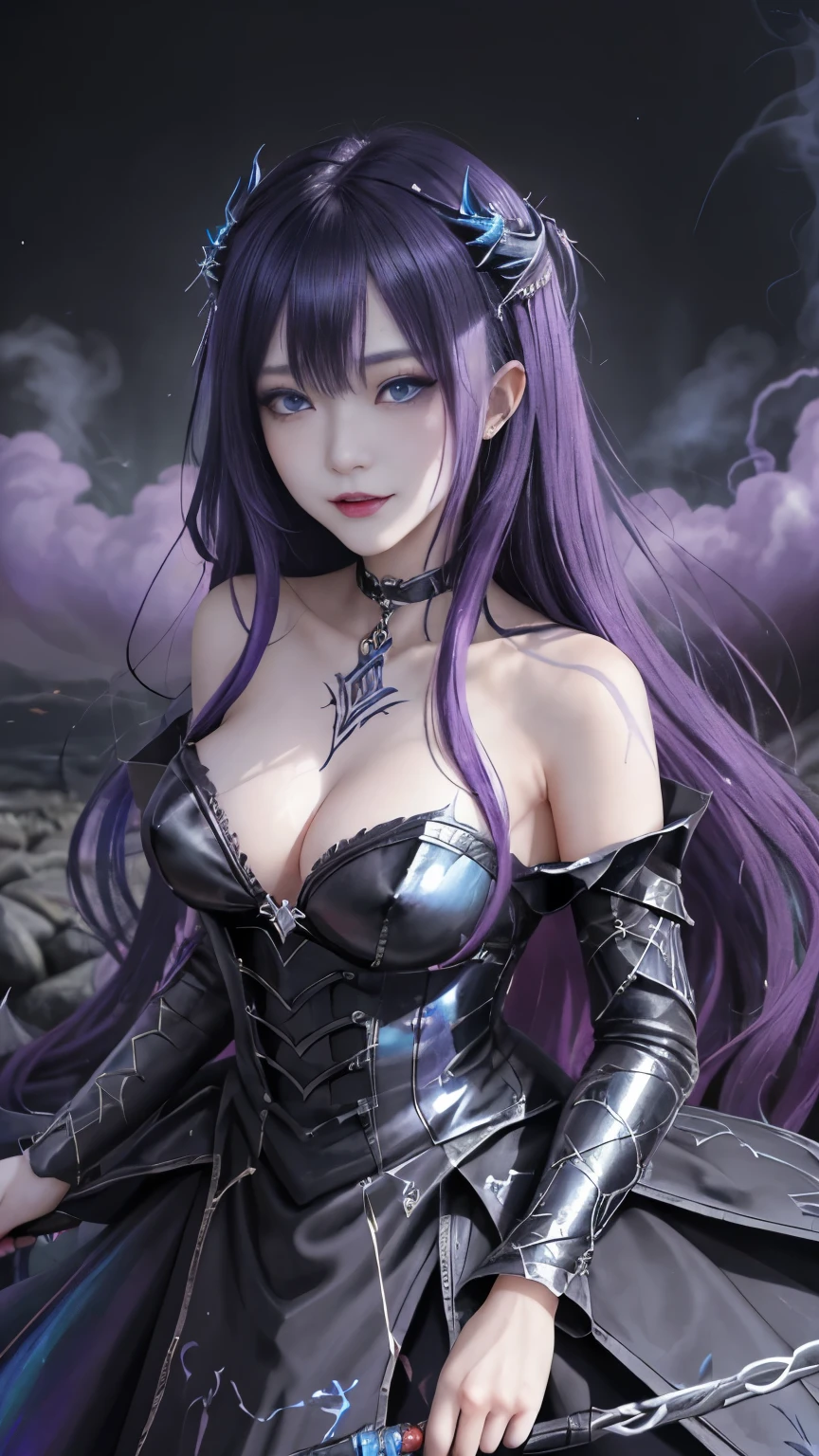 強力なスーパーevil女がクローズアップでポーズをとる, Black Goddess (Bare shoulders), length, Flowing purple hair, View your viewers, Highly detailed face, Perfect hands, Blue smoke swirling around her, evil事を愛する, Captivating blue eyes, Dark fantasy, Genuine, Symmetric, High detail, Esoteric arachnids lady, Spider Queen Elise, League of Legends, Esoteric arachnids, Combat Stance, ( body formed from metallic mauveine and metallic black liquid metallic paint twisting into a beautiful interpretation of the female figure), length, Sharp Fangs, nature, ((Complex metallic colors in the foreground)), (( Fluid Mechanics, The most beautiful smooth scale face makeup, Smirking expression)) - Dark blood, Onyxia、Noir painting of a beautiful young witch, length purple hair, dark purple lips, evil, evil female, smile, Black Prom Dress, She is coming to you, close, Bright Blue Eyes, Surrounded by swirling pink smoke, Genuine, High detail, Highest quality、A beastly demon wields a vicious blade, Blood Chain, Behemoth Bones, Snake-like tentacles, Cruel Teeth, Expressions of madness, Oppressive Dungeon. 8K Vision Reveals Fear, Ultra HD detail makes monsters stand out, Grotesque shadows dance, The creature whispers, Stifling atmosphere, Vision problems, Visible Madness. blade, evil意の閃光が輝く, reflect (Light) Beyond the Darkness, Elucidate (Sharp details) and、Add a dizzying dimension to the impending chaos.