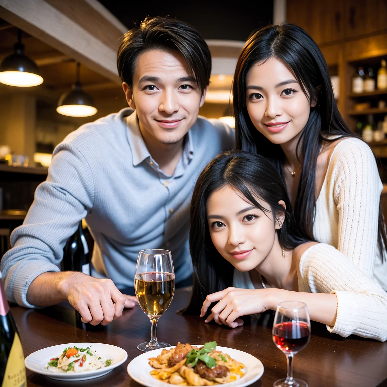 ((Highest quality、、masterpiece:1.3))、1 male 1 female、spouse、Beautiful couple、Japanese couple、smile、 (Slim face), (the body is スリム), (Brown Hair), (Shortcuts), ((Bob Hale、Straight hair:1.2)), テーブルの上のwine glass、Please shine a light on my face、 Amazing view of the sunset sky and clouds、Amazing mountain views、smileの美しさ、Bright imYear、Blushing, Shortcuts,Bright Face、 Year), 39 Year, red wine 、Appetizers、Italian food、Wine bottle、Champagne、sparkling wine、Long sleeve shirt、dress、Attractive beauty、restaurant, Nova Frog Style, actress, model, Upper Body, White wine, red wine, wine glass,
