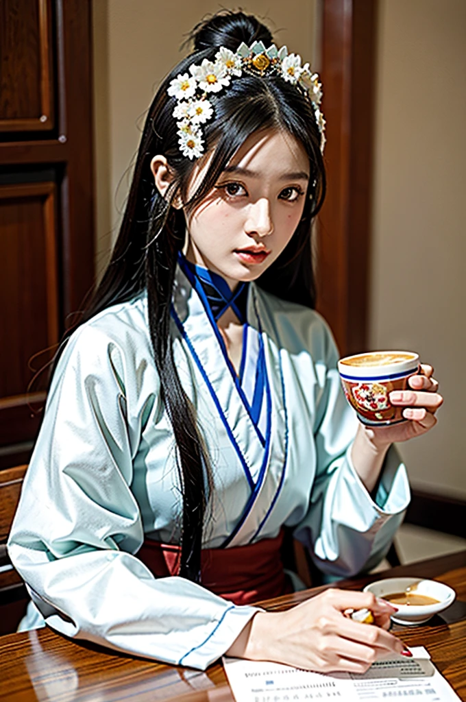 A close-up of a woman sitting at a table with a cup of coffee, palace ， a girl in hanfu, A young woman like Genghis Khan, beautiful oriental woman, Chinese woman, Chinese girl, chinese princess, an Asian woman, a young Asian woman, ancient chinese princess, Asian woman, Wearing ancient Chinese clothes, Traditional beauty, young asian