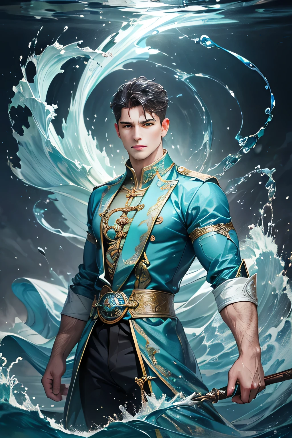 "Create an ultra-realistic image of a handsome 42-year-old man holding an aqua magical staff that emanates the powerful essence of water. Depict him surrounded by flowing currents, cascading waves, and shimmering droplets to highlight his command over the element of aqua. He should have an aqua sign marked on his body, signifying his role as the keeper of aqua and showcasing the dynamic, fluid energy of water he possesses within him."