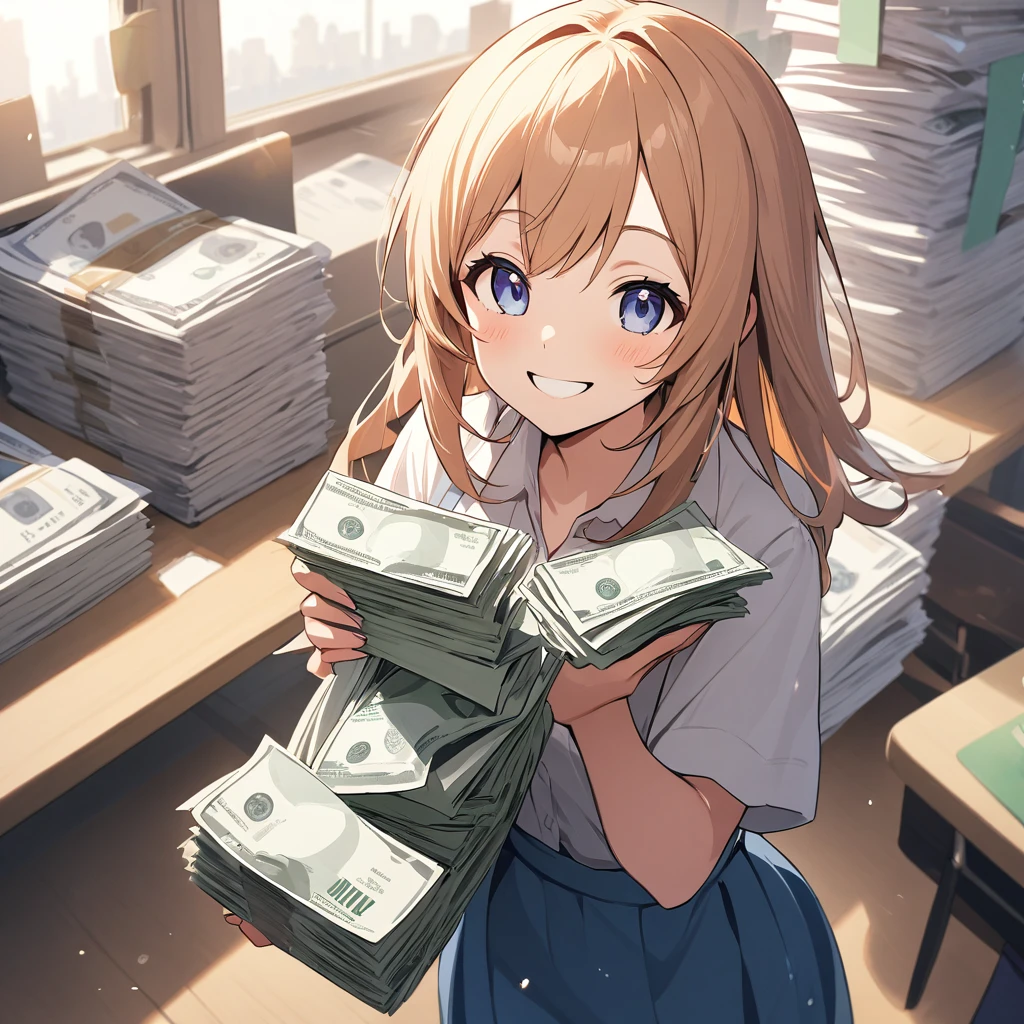 A girl holding a stack of bills is smiling broadly