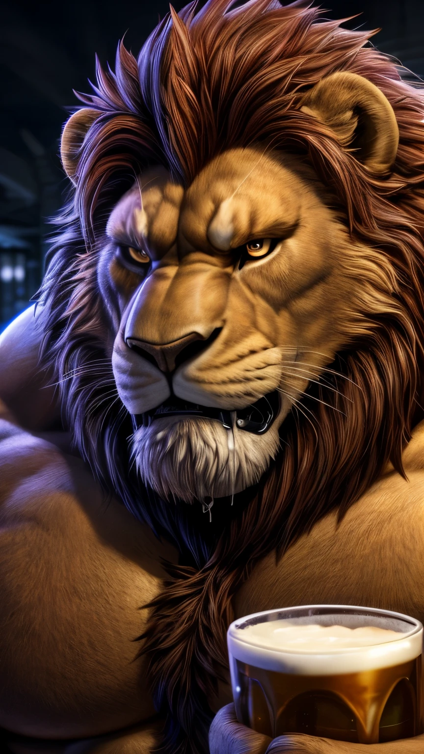 (Highest quality、High resolution、8K、masterpiece:1.2)。(Muscular、Macho、looks strong、Intimidating、Intimidation)。Anthropomorphic lion drinking from a beer bottle。cheeks are red、Drooling、Eyes are empty。Apparently he's drunk。明るいA nightclub bursting with lightsでダンサーたちが歓声を上げている。The big lion wears loose clothing、Sunglasses on forehead、Wearing a hat。watch、necklace、Bracelet、Tattoo。Cheek scar。Depicted from afar。good looking, trench coat, Dim lighting, cigarette, Shadow, A nightclub bursting with lights, Highest quality, Single Focus, (skimming: 1.1), Muscularな男性, whole body, Complex (High detail: 1.1) Unreal Engine.
