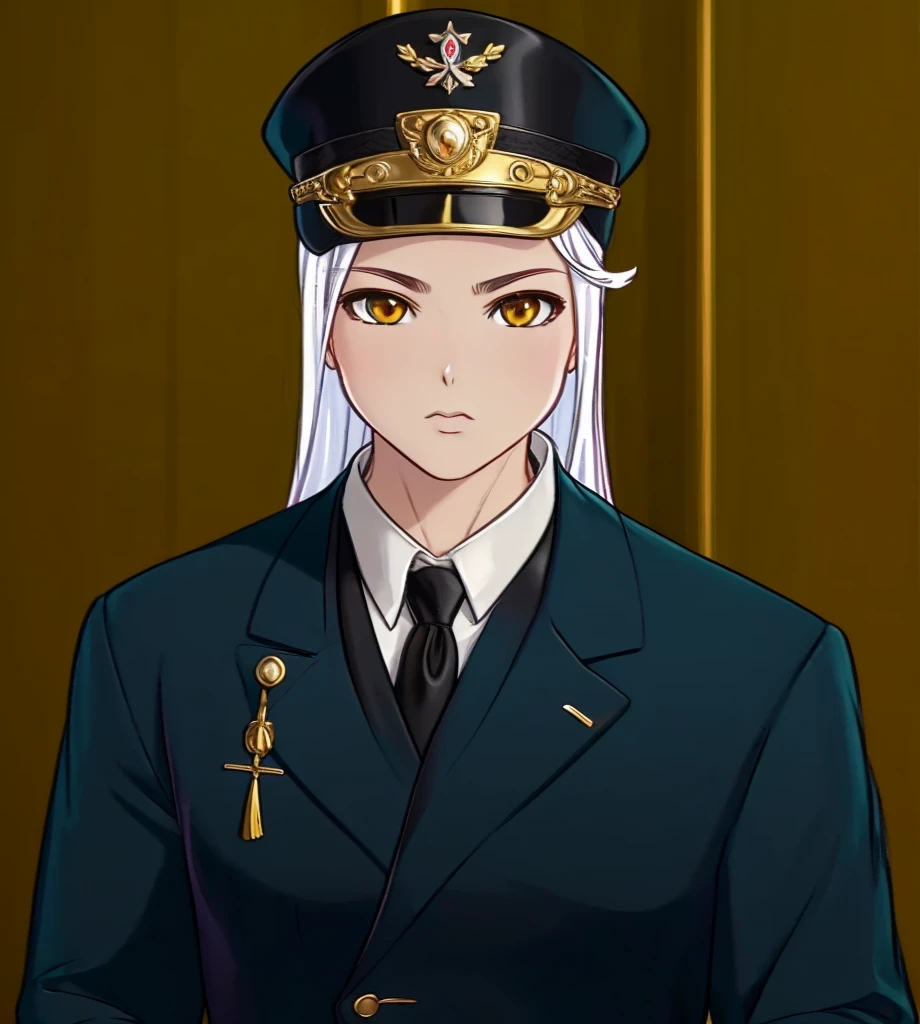 Female, (1girl:1.3), (exceptional, best aesthetic, new, newest, best quality, anime, waifu:1.2), keep the hat like the original, master piece, best quality, ultra detailed, absurdres, highres, colored, good anatomy, long silver hair, brown eyes, serious face, woman breast, sexy, plain bright blue military uniform, no shirt button, white inside shirt, peak cap, black tie,