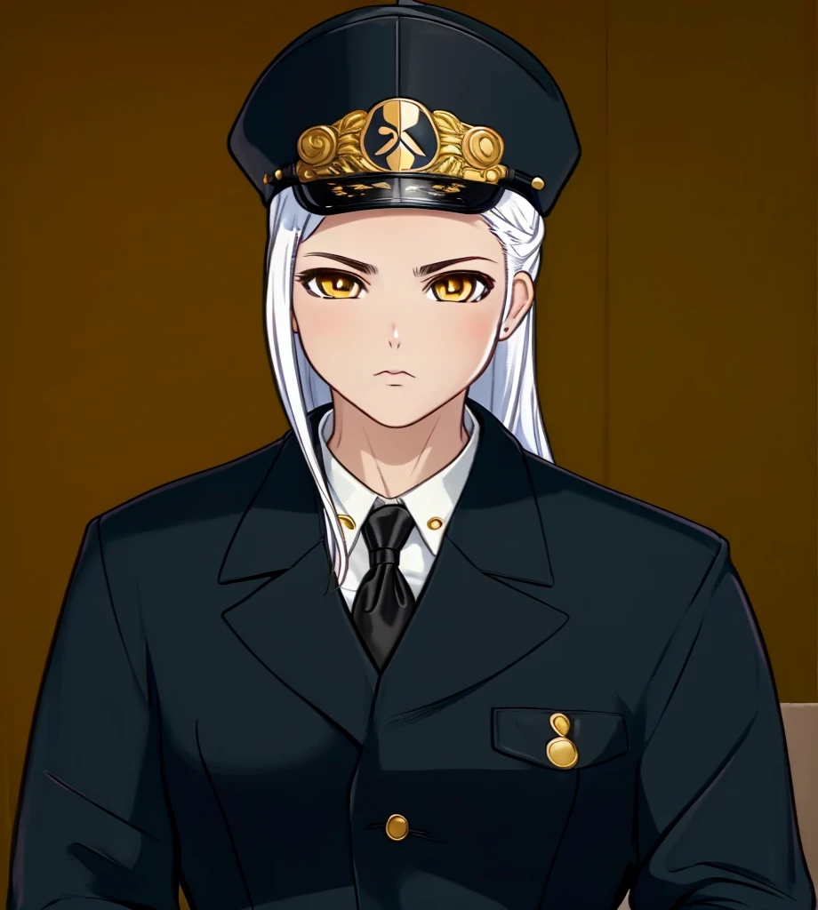 Female, (1girl:1.3), (exceptional, best aesthetic, new, newest, best quality, anime, waifu:1.2), keep the hat like the original, master piece, best quality, ultra detailed, absurdres, highres, colored, good anatomy, long silver hair, brown eyes, serious face, woman breast, sexy, plain bright blue military uniform, no shirt button, white inside shirt, peak cap, black tie,