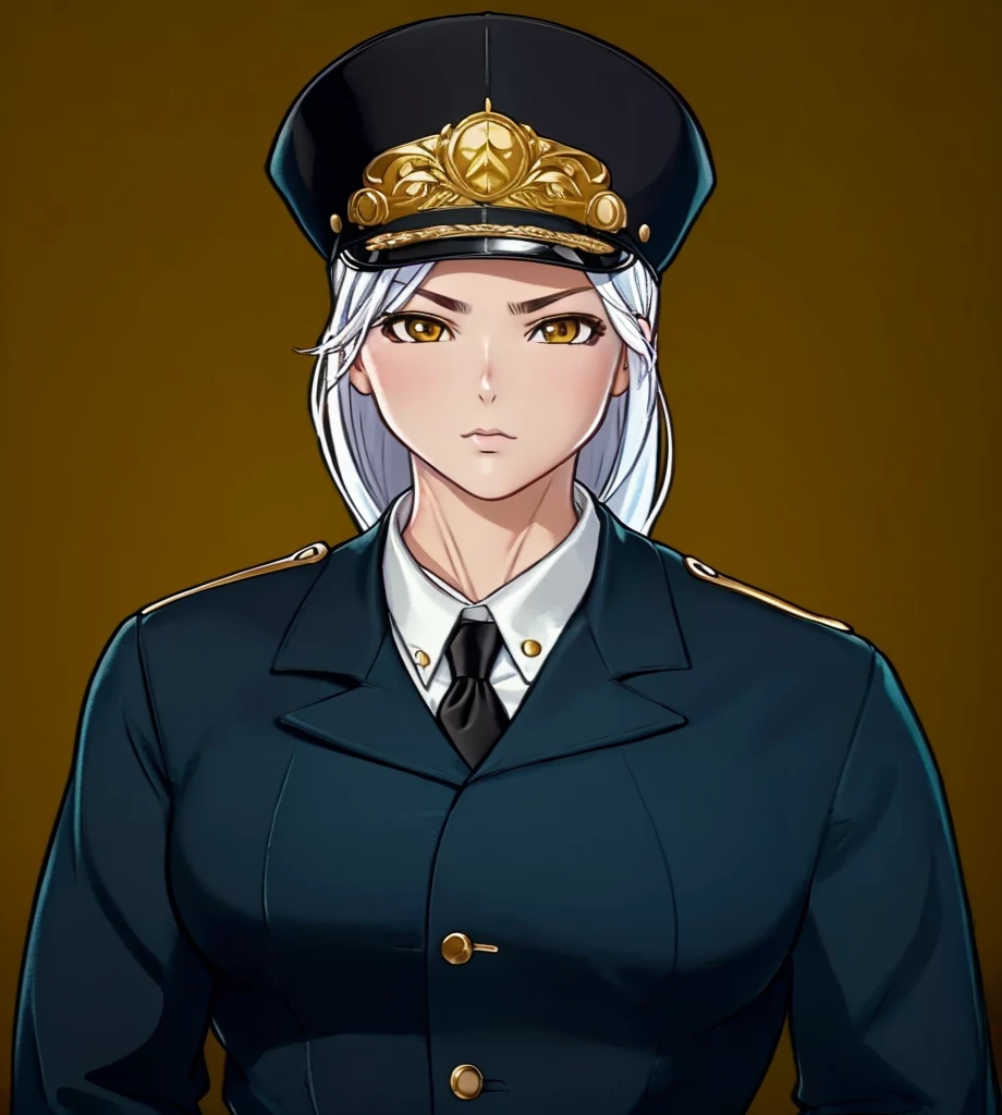 Female, (1girl:1.3), (exceptional, best aesthetic, new, newest, best quality, anime, waifu:1.2), keep the hat like the original, master piece, best quality, ultra detailed, absurdres, highres, colored, good anatomy, long silver hair, brown eyes, serious face, woman breast, sexy, plain bright blue military uniform, no shirt button, white inside shirt, peak cap, black tie,