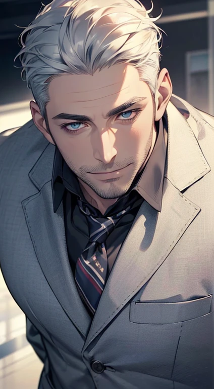 (best quality,4k,8k,highres,masterpiece:1.2),ultra-detailed,(realistic,photorealistic,photo-realistic:1.37),1 man,34 years old,mature man,very handsome,without expression,smile,short white hair,blue eyes,penetrating gaze,perfect face without errors,imposing posture,businessman,office background,cinematic lighting,hdr image