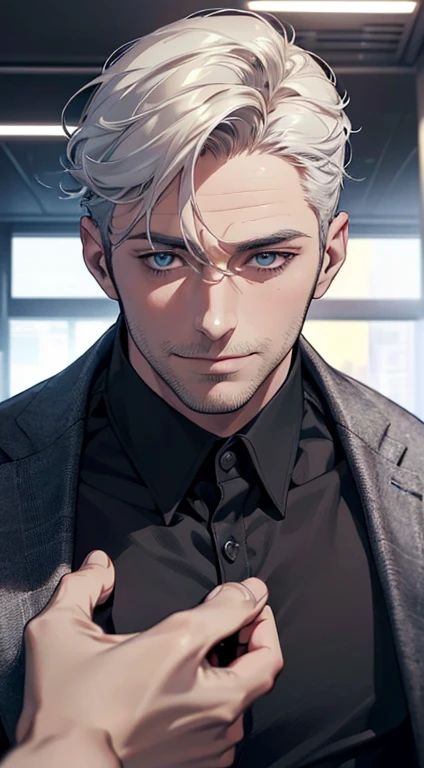 (best quality,4k,8k,highres,masterpiece:1.2),ultra-detailed,(realistic,photorealistic,photo-realistic:1.37),1 man,34 years old,mature man,very handsome,without expression,smile,short white hair,blue eyes,penetrating gaze,perfect face without errors,imposing posture,businessman,office background,cinematic lighting,hdr image