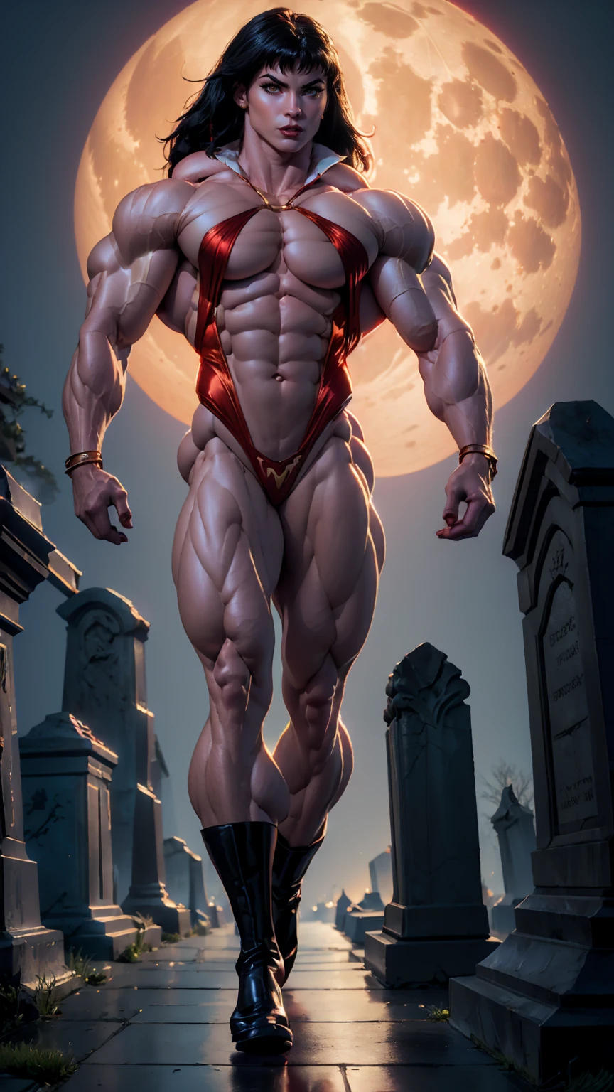 egan fox as Vampirella, (wearing a red vampirella outfit:1.25), (muscular physique, pale skin, red glowing eyes:1.25), walking down a cemetery on a moonlit night, full moon, dark gothic atmosphere, thin legs, Realistic, Very detailed face and eyes, (masterpiece:1.1), (best quality:1.1), (veins:1.1), (beautiful girl face:1.25)
