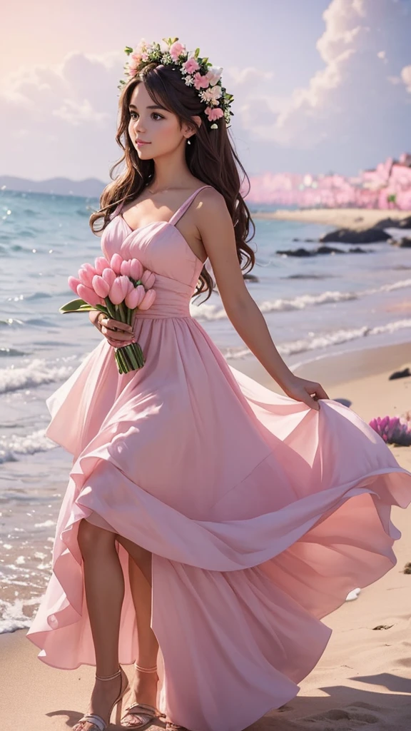 Create a 6 profile picture of a Matured Women but different faces and hair style wearing a pink beach dress she is holding a pink tulips with her both hands and her hair is brown and the background is beach theme wedding she is a bridesmaid full body please