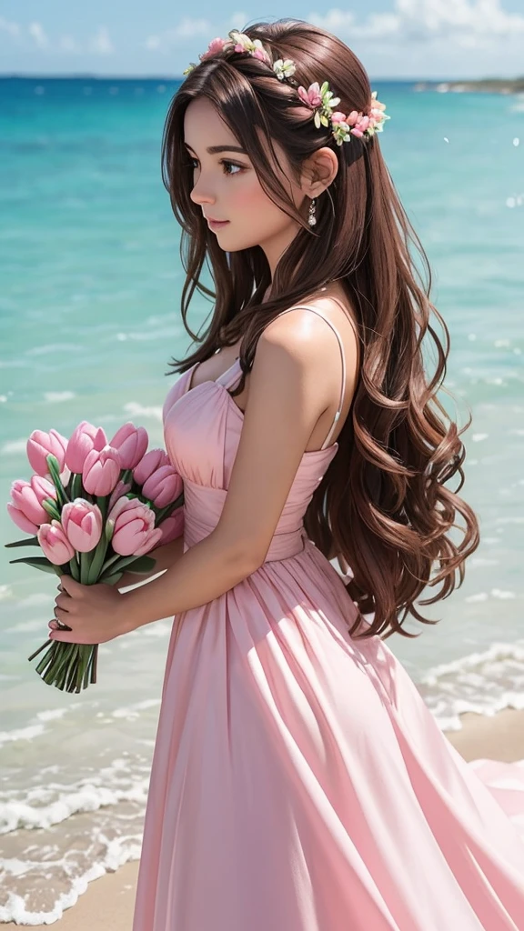 Create a 6 profile picture of a Matured Women but different faces and hair style wearing a pink beach dress she is holding a pink tulips with her both hands and her hair is brown and the background is beach theme wedding she is a bridesmaid full body please