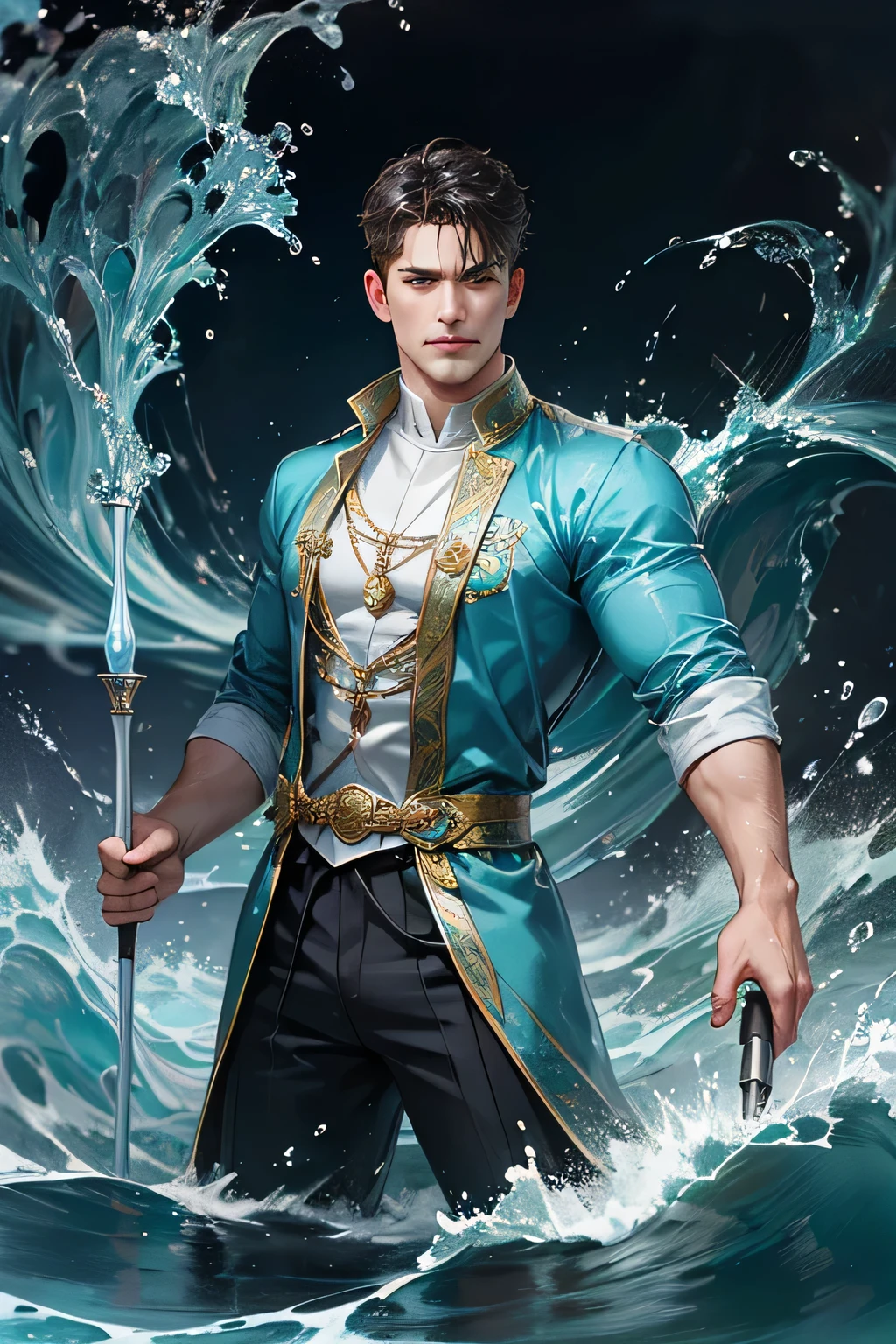 "Create an ultra-realistic image of a handsome 42-year-old man holding an aqua magical staff that emanates the powerful essence of water. Depict him surrounded by flowing currents, cascading waves, and shimmering droplets to highlight his command over the element of aqua. He should have an aqua sign marked on his body, signifying his role as the keeper of aqua and showcasing the dynamic, fluid energy of water he possesses within him."