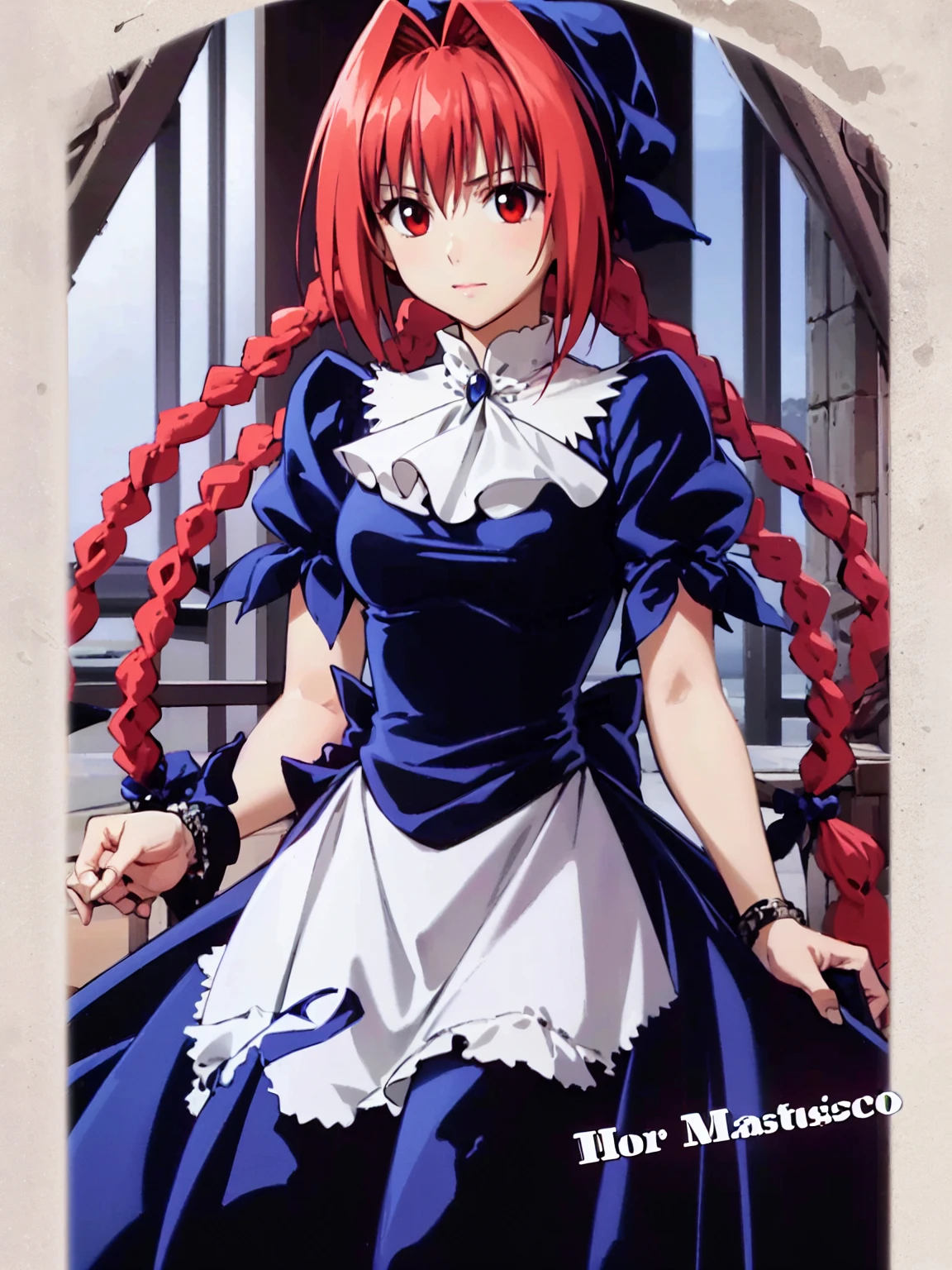 masterpiece, Highest quality,High resolution,Dorothy, Redhead,Red eyes, Have,dress,Braiding, black dress, View your viewers,