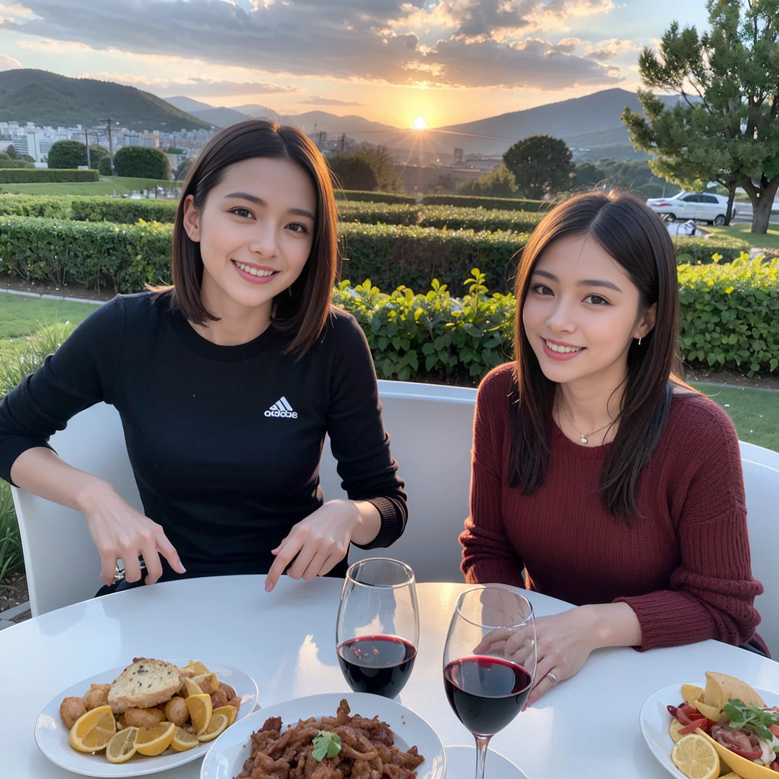 ((Highest quality、、masterpiece:1.3))、1 male 1 female、spouse、Beautiful couple、Japanese couple、smile、 (Slim face), (the body is スリム), (Brown Hair), (Shortcuts), ((Bob Hale、Straight hair:1.2)), テーブルの上のwine glass、Please shine a light on my face、 Amazing view of the sunset sky and clouds、Amazing mountain views、smileの美しさ、Bright imYear、Blushing, Shortcuts,Bright Face、 Year), 39 Year, red wine 、Appetizers、Italian food、Wine bottle、Champagne、sparkling wine、Long sleeve shirt、dress、Attractive beauty、restaurant, Nova Frog Style, actress, model, Upper Body, White wine, red wine, wine glass, 