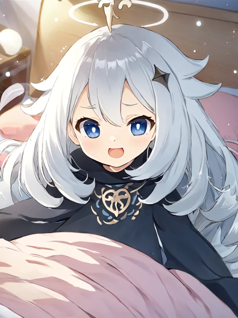 Super detailed,(Highest quality),((masterpiece)),(High resolution),original,very,One girl,(\Paimen\),One girl,Hello,white,Hair between the eyes,smile,bangs,teeth,Long sleeve,blush,On the bed,blue eyes,Depth of written boundary,Blurred,View your viewers,Long Hair,hair ornaments,Cape,Blurred background,black Cape,