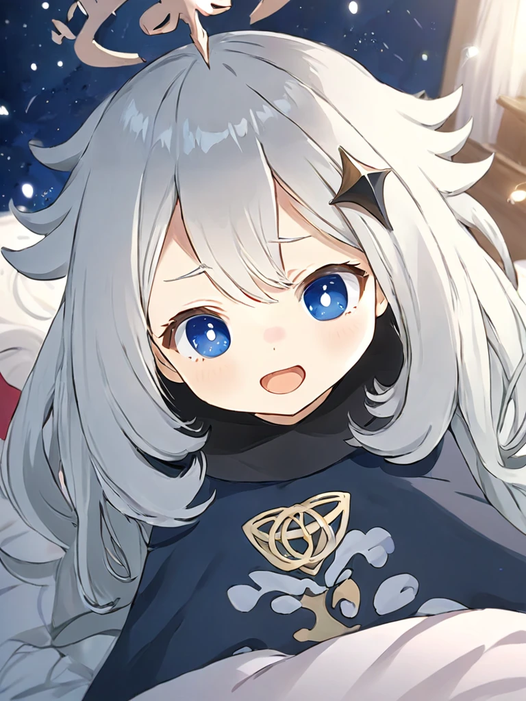 Super detailed,(Highest quality),((masterpiece)),(High resolution),original,very,One girl,(\Paimen\),One girl,Hello,white,Hair between the eyes,smile,bangs,teeth,Long sleeve,blush,On the bed,blue eyes,Depth of written boundary,Blurred,View your viewers,Long Hair,hair ornaments,Cape,Blurred background,black Cape,