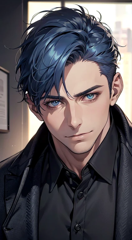 (best quality,4k,8k,highres,masterpiece:1.2),ultra-detailed,(realistic,photorealistic,photo-realistic:1.37),1 man,31 years old,mature man,very handsome,without expression,smile,short blue hair,blue eyes,penetrating gaze,perfect face without errors,imposing posture,businessman,office background,cinematic lighting,hdr image