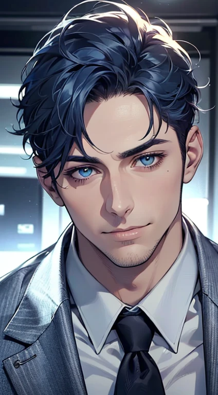 (best quality,4k,8k,highres,masterpiece:1.2),ultra-detailed,(realistic,photorealistic,photo-realistic:1.37),1 man,31 years old,mature man,very handsome,without expression,smile,short blue hair,blue eyes,penetrating gaze,perfect face without errors,imposing posture,businessman,office background,cinematic lighting,hdr image