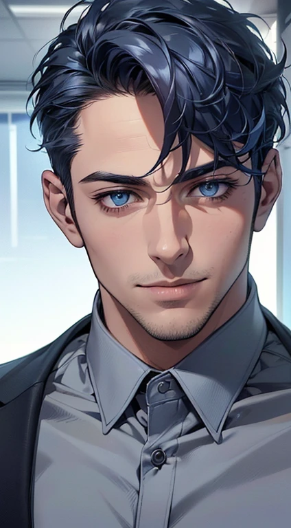 (best quality,4k,8k,highres,masterpiece:1.2),ultra-detailed,(realistic,photorealistic,photo-realistic:1.37),1 man,31 years old,mature man,very handsome,without expression,smile,short  blue hair,blue eyes,penetrating gaze,perfect face without errors,imposing posture,businessman,office background,cinematic lighting,hdr image