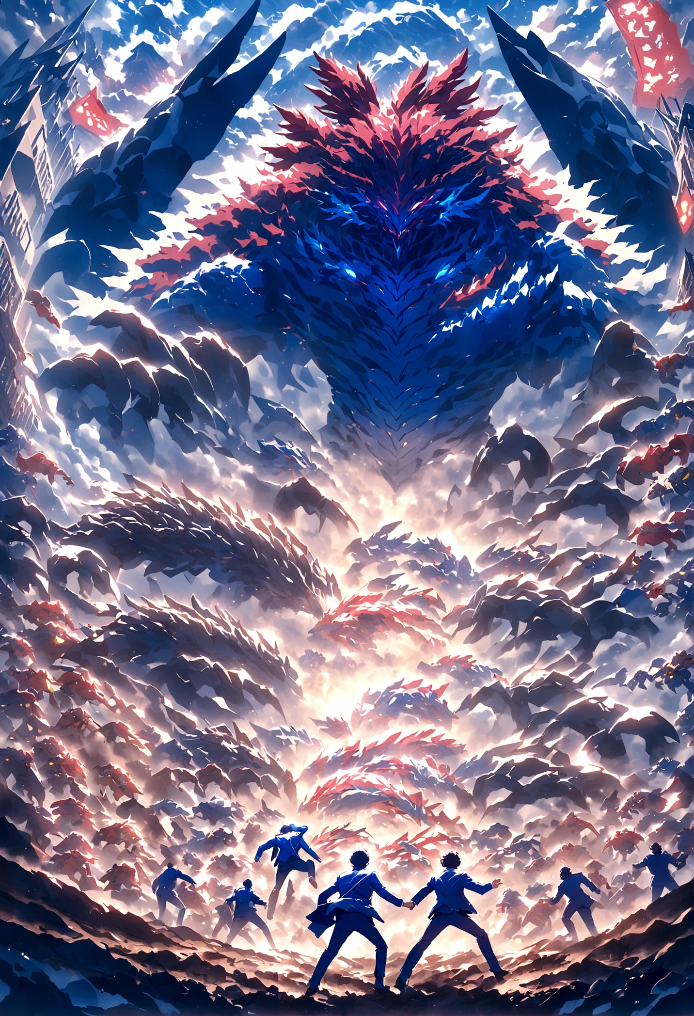 Giant monsters made of dirt destroy a city, Aliens fight monsters, Broken robots on the ground, A man in a blue suit escaped, Monster in the center of the image, Lying down image, Flying laying hens, best qualityer.
