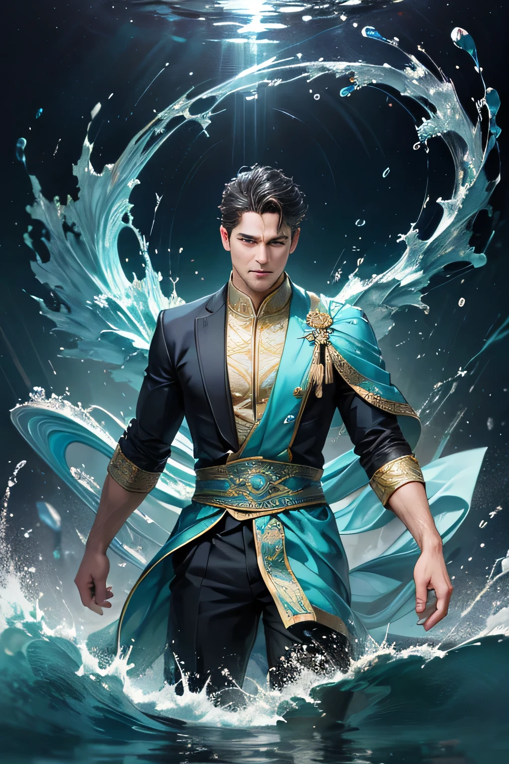 "Create an ultra-realistic image of a handsome 42-year-old man holding an aqua magical staff that emanates the powerful essence of water. Depict him surrounded by flowing currents, cascading waves, and shimmering droplets to highlight his command over the element of aqua. He should have an aqua sign marked on his body, signifying his role as the keeper of aqua and showcasing the dynamic, fluid energy of water he possesses within him."