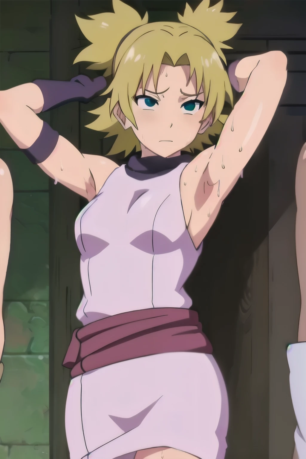 Temari,1girl, solo,armpits,wet armpits, showing wet armpits, armpit,armpits,sweat,sweaty,sweaty armpits,awesome armpits,tired,exhausted,arms up,blackish arm warmers,sleeveless