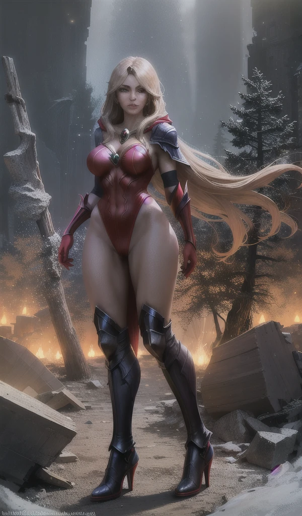 1girl, full body of beautiful lady valeera standing, hood on, red leotard, pelvic curtain, pauldrons, high heel boots, forest, tree, particles, dark atmosphere, volumetric lighting, best quality, masterpiece, realistic,