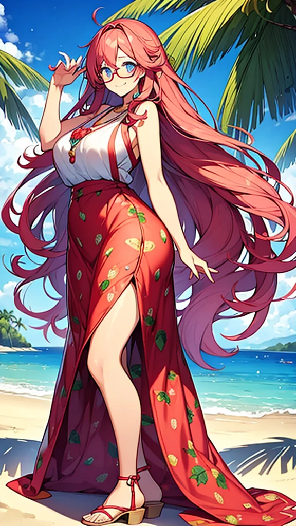 1woman, long curly pink hair, red headband, perfect eyes, blue eyes, glasses, relaxed face, yellow necklace, hippie clothing, white blouse with strawberry print, long blue skirt, red sandals, strawberry glass juice on the hand, big breasts, big ass, beach background