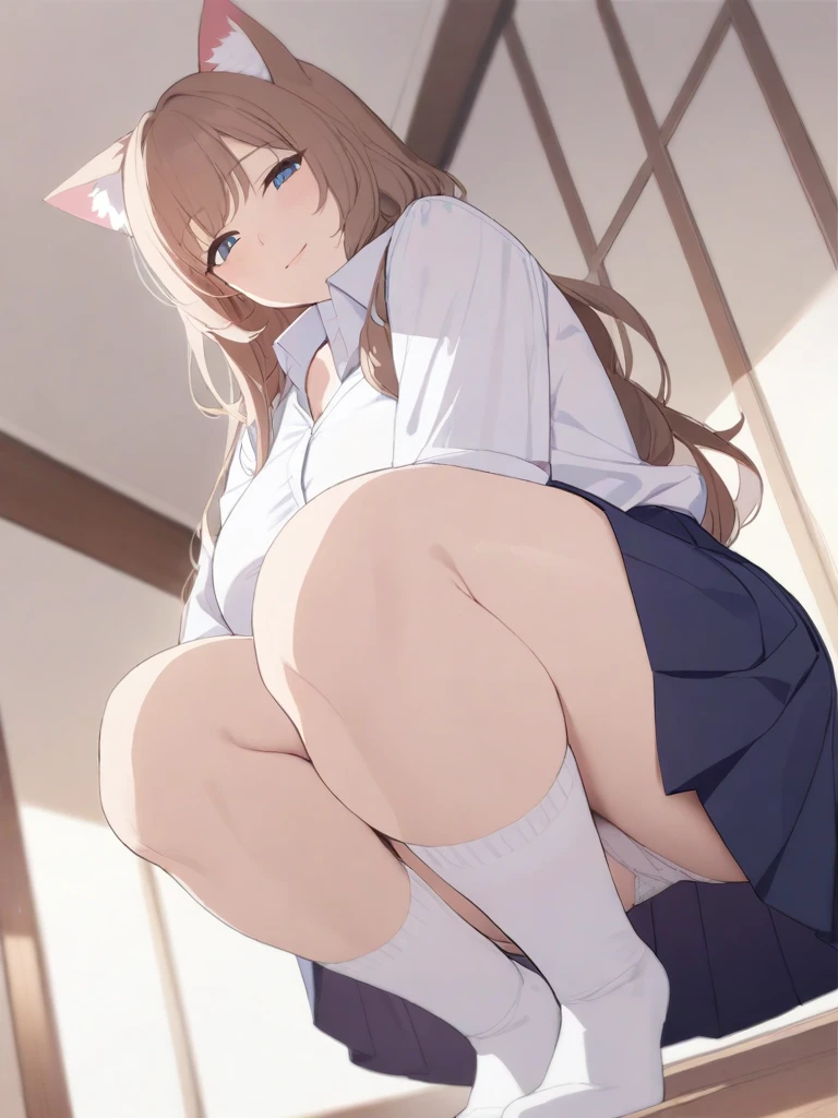 masterpiece, best quality, high quality, beautiful anime character, solo, anime girl with brown hair, soft hair, long hair, blue eyes, cat ears, big breasts, mature female, tall female, big girl, thick, (calming face, light smile, loving eyes), indoors, (white shirts, white panties, dark blue pleated skirt), cat tail, legs, panties peek, from below view, squatting, school girl, white socks,