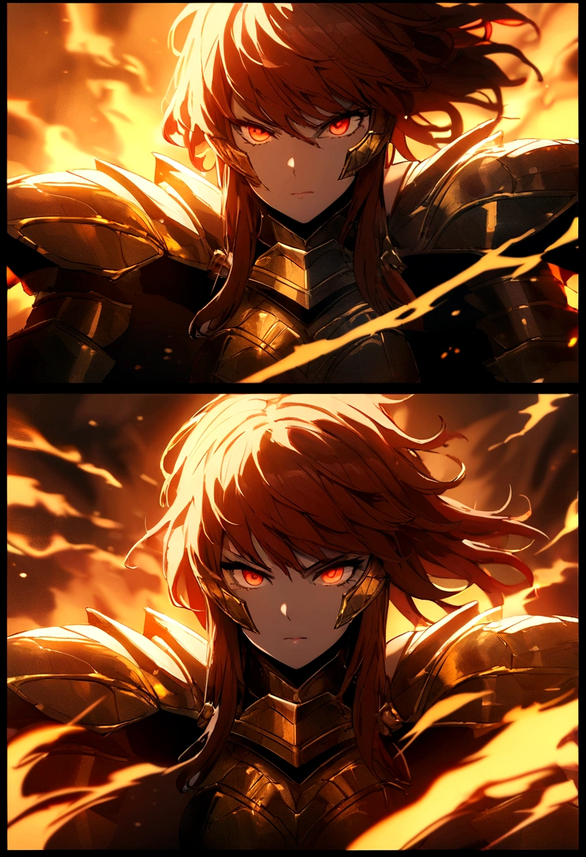 female greek-spartan warriors, highly detailed portrait, comic, intricate armor, fierce expression, battle-ready pose, dramatic lighting, cinematic composition, deep red and gold color palette, volumetric fog, dark fantasy style, in flames, burning