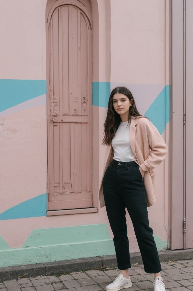 her name is Annie, high quality, 1girl, ((20-year-old fit Caucasian woman)), ((20 years old)), ((fit)) black long hair, pose: standing, wearing pastel colored unique g gen Z modern wear, BACKGROUND: From the diverse neighborhoods of Berlin, with its rich history, vibrant arts scene, and eclectic street art