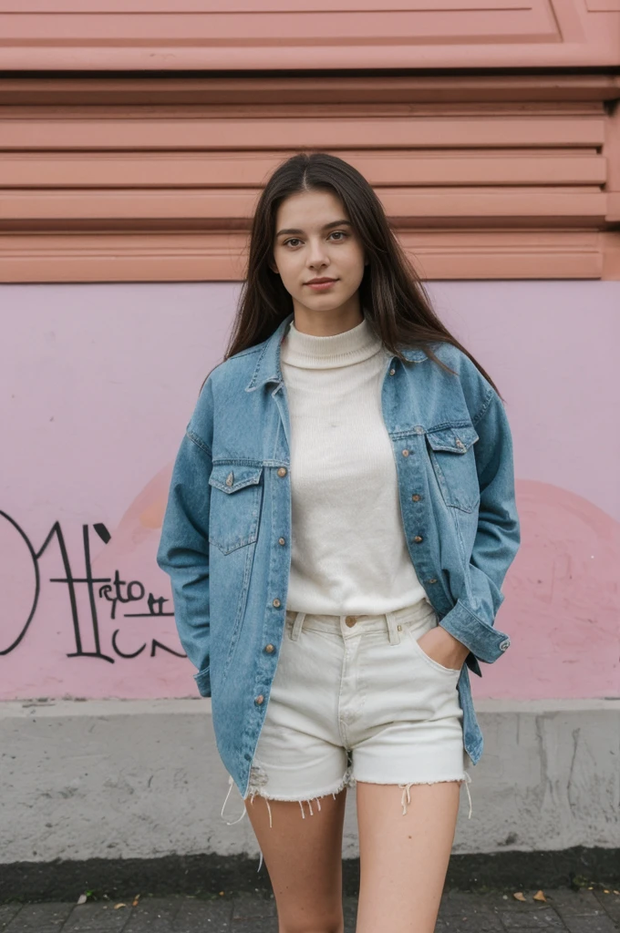 her name is Annie, high quality, 1girl, ((20-year-old fit Caucasian woman)), ((20 years old)), ((fit)) black long hair, pose: standing, wearing pastel colored unique g gen Z modern wear, BACKGROUND: From the diverse neighborhoods of Berlin, with its rich history, vibrant arts scene, and eclectic street art